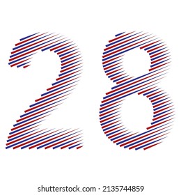 Striped Number Twenty Eight Vector Illustration. Red And Blue Number 28 Isolated On A White Background
