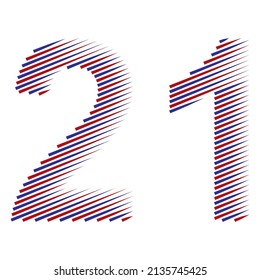 Striped Number Twenty One Vector Illustration. Red And Blue Number 21 Isolated On A White Background
