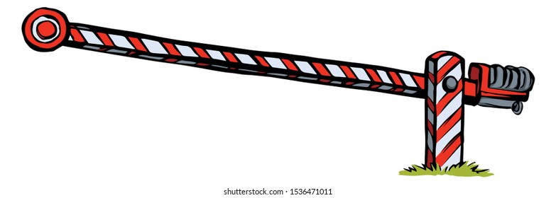Striped old highway crossroad access hurdle post on white backdrop. Bright red color hand drawn regulation hazard border logo pictogram emblem in retro art doodle cartoon style on paper space for text