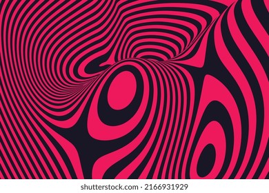 Striped optical illusion wave background. Black and purple wavy liquid lines surface