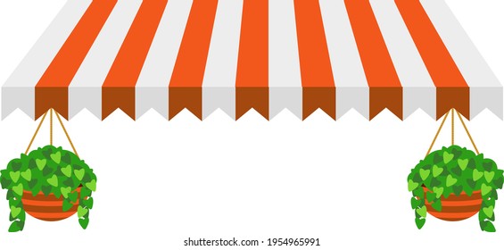 Striped orange awning isolated on white background with plants in pots.. Canopy for restaurant, cafe, hotel or store.