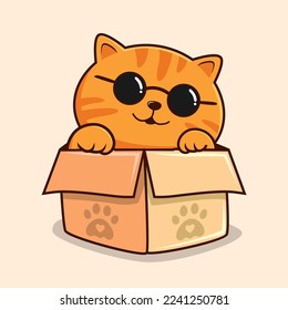 Striped Orange Cat in Box Cartoon Waving Hand - Cute Orange Tabby Pussy Cat with Glasses Cool