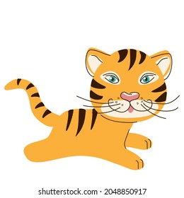 A striped orange tiger cub is lying on its stomach, isolated on a white background. A symbol of the year in a hand-drawn style. Vector illustration