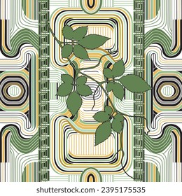 Striped ornamental floral trendy borders seamless pattern. Green white black yellow colors striped leafy ornament. Vector stripes, waves, curves background. Greek key meanders border. Endless texture.