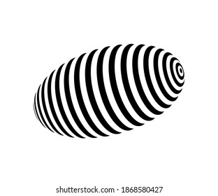 Striped oval, 3D element. Monochrome lines abstract ball. Background. Vector.