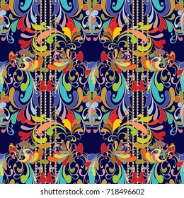 Striped paisley seamless pattern. Bright colorful floral ornaments. Dark blue abstract modern background. Hand drawn luxury paisley flowers and vertical dotted stripes border. Vector flourish texture