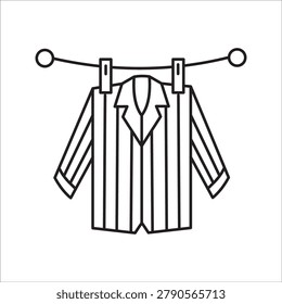Striped pajamas hanging on clothesline. Outline vector illustration of a striped shirt drying on a line with clothespins, isolated on white background.