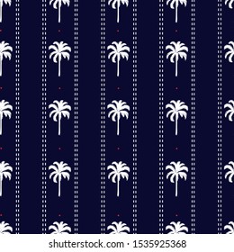 Striped palm tree with dash line and small red dots seamless pattern summer vibes ,Design for fashion , fabric, web, wallpaper and all prints on navy blue background color 