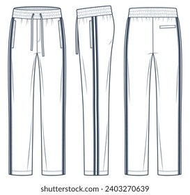 Technische Modeillustration Stripte Pants. Jogger Pants modifiziert flache technische Zeichentabelle, Vorder-, Seite- und Rückansicht, Taschen, elastische Bänder, Weiß, Frauen, Männer, unisex CAD-Mockset.