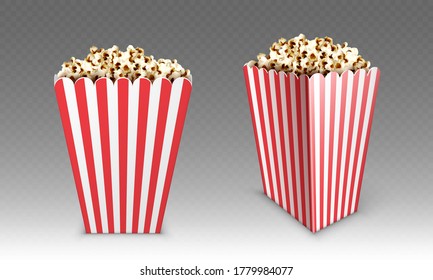 Striped paper box with popcorn isolated on white background. Vector realistic mock up of white and red bucket with pop corn for cinema or movie theater front and angle view