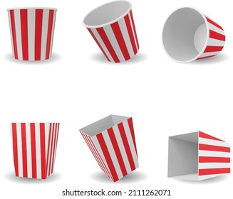 Striped paper box for popcorn isolated on white background. Vector. mockup of empty white and red bucket for popcorn.