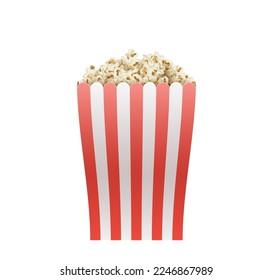 Striped paper box with popcorn isolated on white background. Realistic mock up of white and red bucket with pop corn for cinema or movie theater isolated. Vector illustration