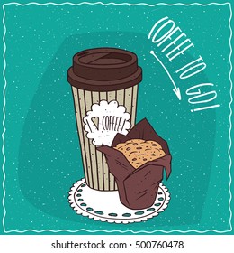 Striped paper cup of coffee, on which the inscription I love coffee, with muffin in brown paper muffin cup. To go kit concept. Handmade cartoon style. Vector illustration