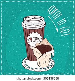 Striped paper cup of coffee, on which the inscription I love coffee, with chocolate muffin in white paper muffin cup. Take away concept. Handmade cartoon style. Vector illustration