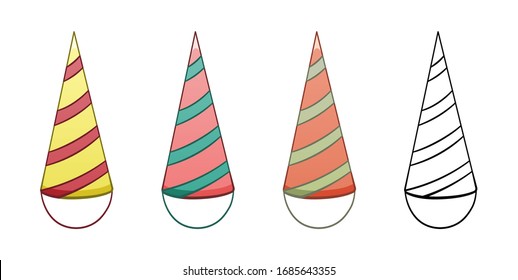 Striped paper holiday hats set isolated illustration. Colored and graphic. White background, vector.