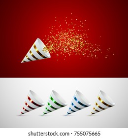 Striped party popper set with golden spraying confetti particles. Vector realistic illustration of paper cone and tinsel. Festive decoration element. Birthday, holiday event attribute