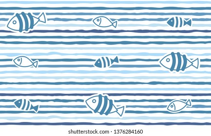 Striped pattern. Background of blue and turquoise, rhythmic waves. Pattern for fabric. Vector wavy with swimming fish. Seamless abstract sea wave background. 