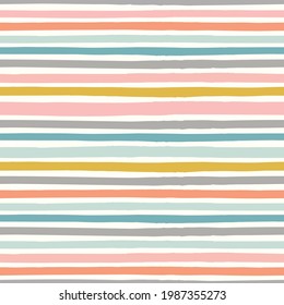 Striped pattern background. Vector seamless repeat pattern of hand drawn organic colourful horizontal stripes. Fun geometric design element.