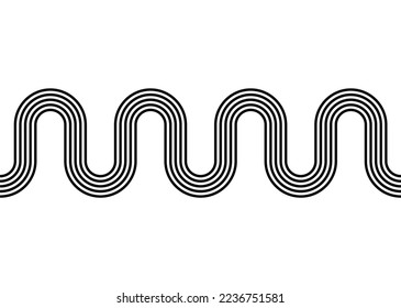 Striped pattern of black wavy parallel lines on a white background in retro style. Black and white design element. Abstract vector background