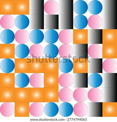 Striped pattern with blue teardrop shapes and orange square icons on pink background
