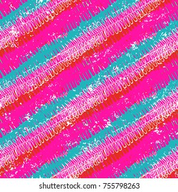 Striped pattern with brushed diagonal lines and stripes in pink colors. Vector grunge doodle texture with paint splatter and splash. Hand drawn bold bohemian background with ethnic, tribal motif