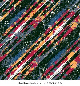 Striped pattern with brushed diagonal lines and stripes in bright colors. Vector grunge geometric texture with paint splatter and splash. Hand drawn bold bohemian background with ethnic, tribal motif