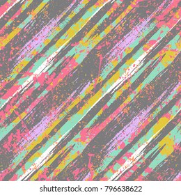 Striped pattern with brushed diagonal lines and stripes in bright colors. Vector grunge geometric texture with paint splatter and splash. Hand drawn bold bohemian background with ethnic, tribal motif