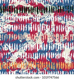 Striped pattern with brushed lines, stripes in bright red colors. Vector grunge geometric texture with paint splatter and splashes. Hand drawn bold bohemian background with ethnic, tribal motif