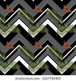 Striped pattern with butterflies.Vector pattern with butterflies and leaves on a striped black and white background.