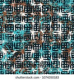 Striped pattern with crossing brushed lines, stripes in sky blue color. Vector grunge geometric texture with paint splatter and splash. Hand drawn bold bohemian background with ethnic, tribal motif