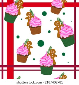 striped pattern cupcakes with whipped cream, pink cream and gingerbread in the shape of man with sprig of rosemary.  Gingerbread day, cupcake day. Sweet dessert. For packaging, packaging, menu, blog.