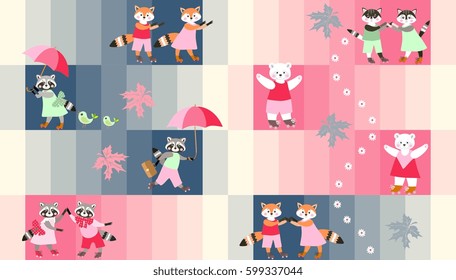 Striped pattern  with cute cartoon animals on roller skates.