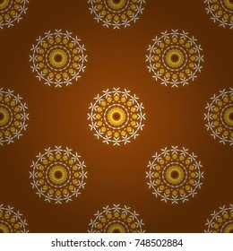 Striped pattern with ethnic tribal motifs, zigzag lines, Mandalas, brushstrokes paint in yellow, white and brown colors. Tribal seamless pattern. Ethnic design. Vector repeating geometric mesh tiles.