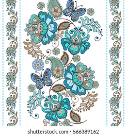 Striped pattern with flowers. Fantastic floral seamless ornament with decorative butterflies. Vintage flowers seamless ornament in blue colors. Floral wallpaper.