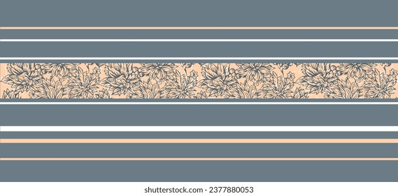 Striped pattern with flowers in a rustic style. Textured stripes.