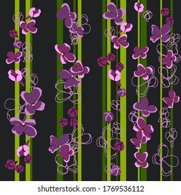 Striped pattern on a dark background. Lilac flowers on green stripes