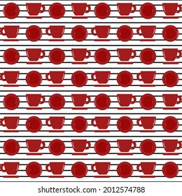 Striped pattern with red cups and plates. Vector illustration. For menus, cafes and restaurants, flyers, prints and packaging, crockery shops, fabrics, covers and brochures.