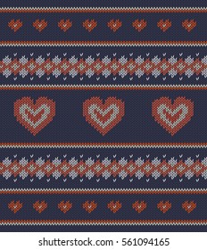 Striped pattern with red hearts on blue background