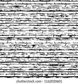 Striped pattern. Seamless irregular hand drawn background with abstract handwriting. Cursive text. Grunge painted lines. Distress texture. Vector graphic print.