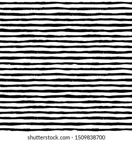 Striped pattern. Seamless texture background. Trendy irregular design. Painted brush strokes stripes. Hand drawn artistic tile. Abstract art fashionable fabric. Vector black and white textile. 