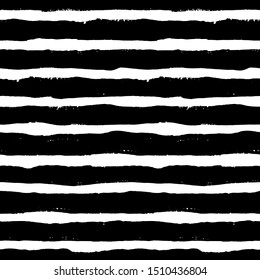 Striped pattern. Seamless texture background. Trendy irregular design. Painted brush strokes stripes. Hand drawn artistic tile. Abstract art fashionable fabric. Vector black and white textile. 