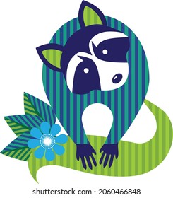 Striped patterned Raccoon with flower and leaves