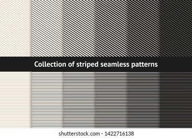 Striped patterns collection. Vector geometric seamless textures with diagonal and horizontal stripes, lines, streaks,  different thickness. Set of black and white minimal abstract background swatches