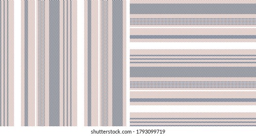 Striped patterns in grey, pink, white. Herringbone textured vertical and horizontal lines for dress, trousers, wallpaper, or other modern textile or paper print. Geometric design.