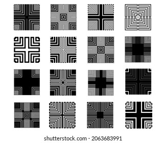 Striped patterns set. Black and white ornamental squares collection. Universal striped shapes for design. Geometric abstract ornaments with stripes, lines. Modern patterned backgroun. Vector elements.