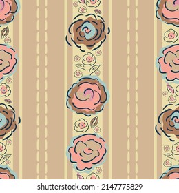 Striped peony blossom and leaves vector seamless pattern background. Cottage flower backdrop with vertical stitch stripes. Hand drawn line art botanical design. Garden flower cottagecore aesthetic