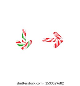 Striped peppermint candy arrows set. Vector icon isolated on white background. Download, upload, next, buttons.  Right and down arrow. glossy Christmas arrow. Holiday clipart