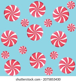 Striped peppermint candy, caramel, vector. Cartoon style. Traditional Christmas lollipops and candies isolated on cian background.