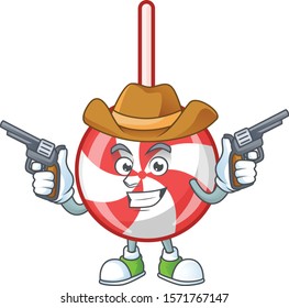 Striped peppermint candy cartoon character as a Cowboy holding guns