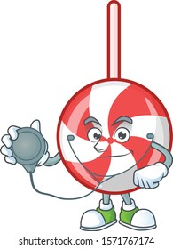 Striped peppermint candy cartoon mascot style in a Doctor costume with tools
